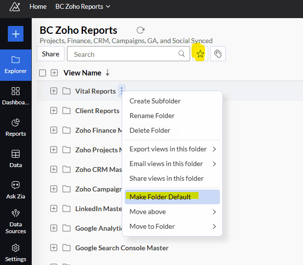 Zoho Analytics - Folders and Favorites